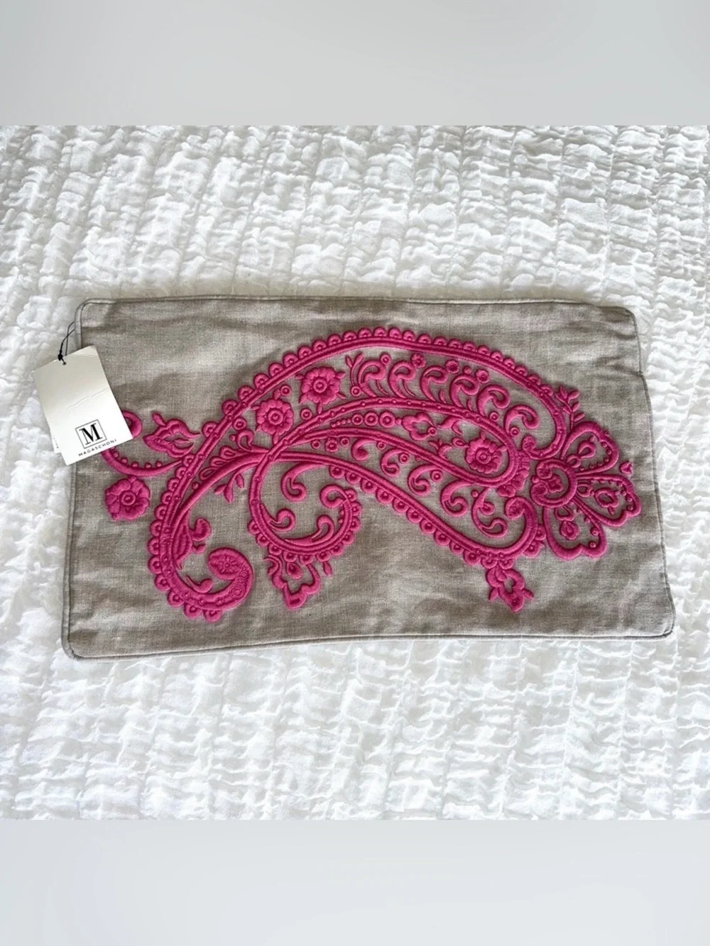 NWT Magaschoni Linen Embroidered Lumbar Pillow Cover 12x20 Pink